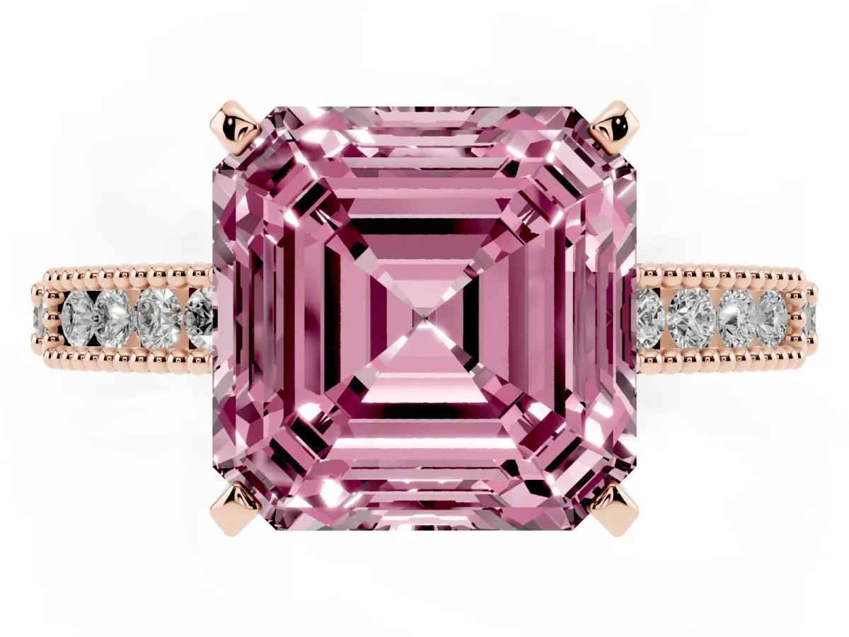 Fancy Pink Asscher Cut Solitaire with Pavé Band and Four-Prong Setting Rose gold