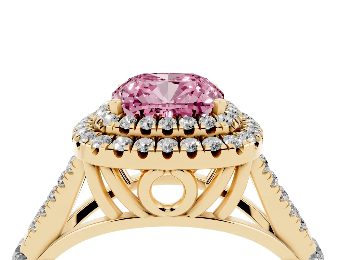 Fancy Pink Cushion Cut Diamond Pavé Split Shank Double Halo Engagement Ring Yellow gold