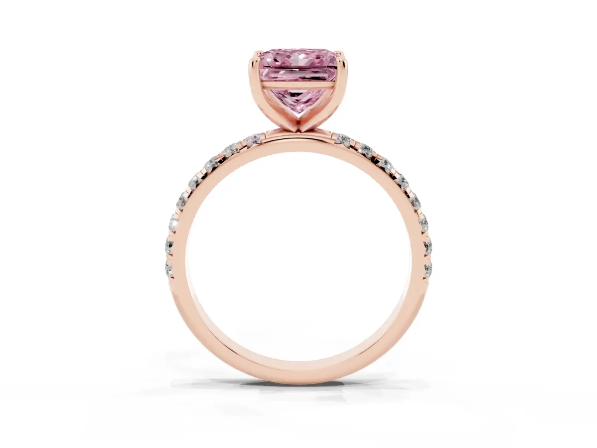 Fancy Pink Princess Cut Cut Diamond Solitaire Ring with Micro Pave Band and Four Prong Setting Rose gold