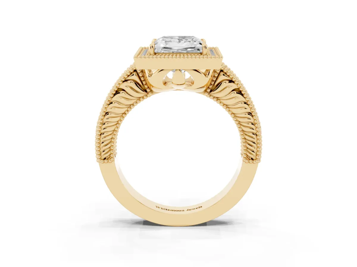 Princess Cut Cut Halo Diamond Ring with Pavé Band and Four-Prong Setting Yellow gold