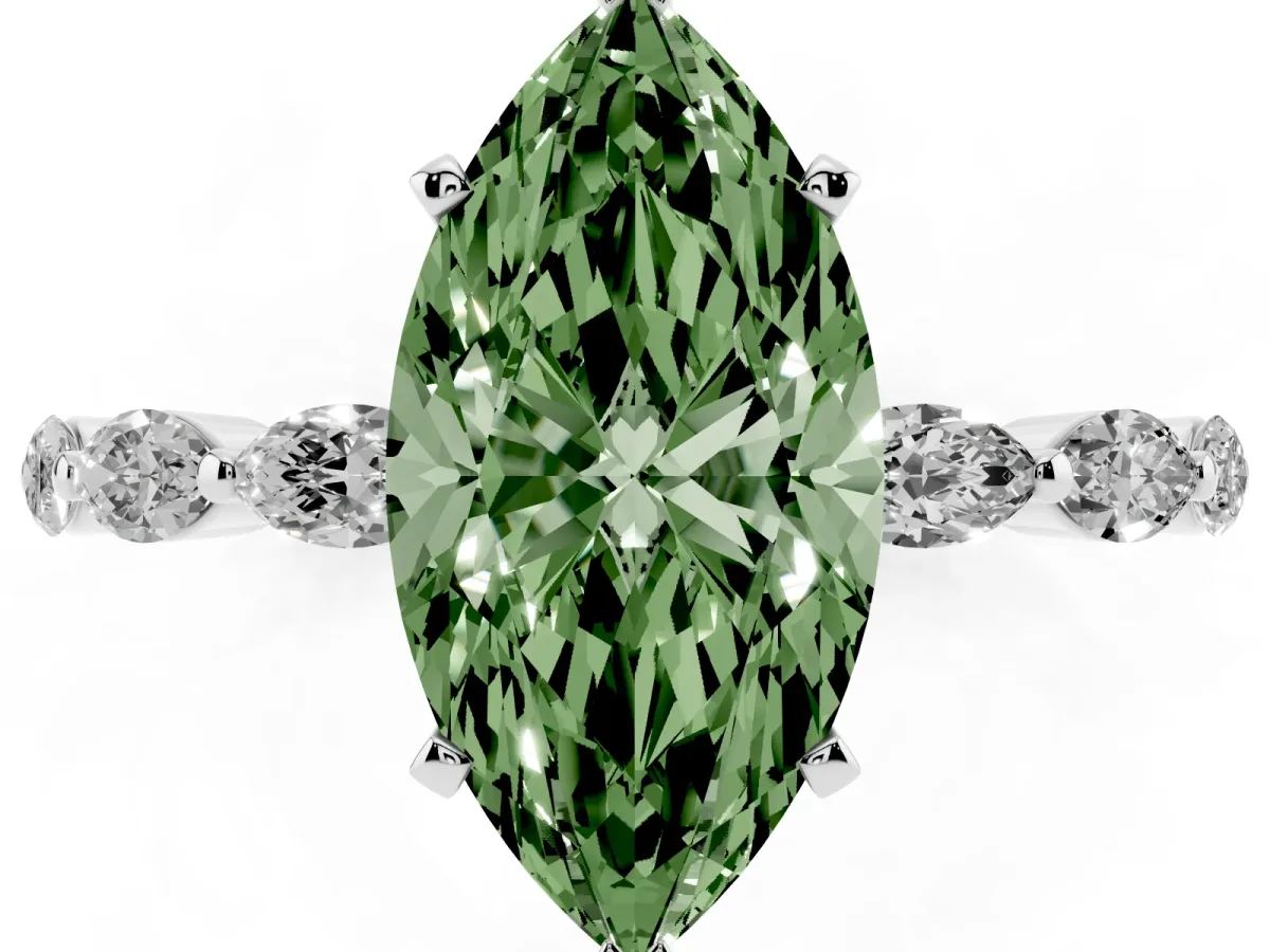 Fancy Green Marquise Cut Diamond Ring with Marquise Side Stones and Prong Setting Platinum