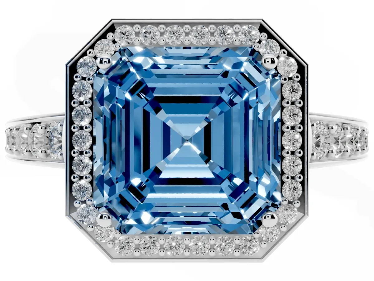 Fancy Blue Asscher Cut Halo Pavé Diamond Engagement Ring with Bezel Setting Platinum