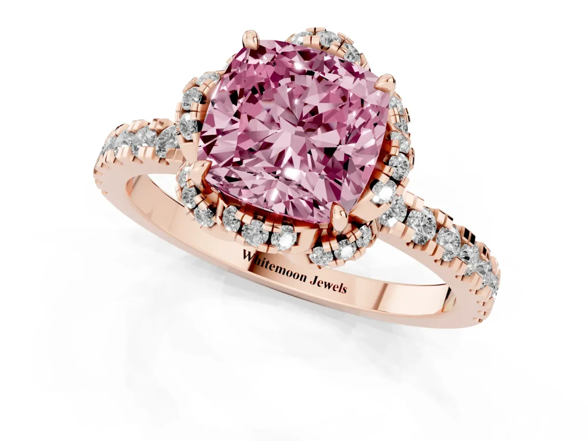 Fancy Pink Cushion Cut Diamond Halo Pave Band with Four-Prong Setting Rose gold