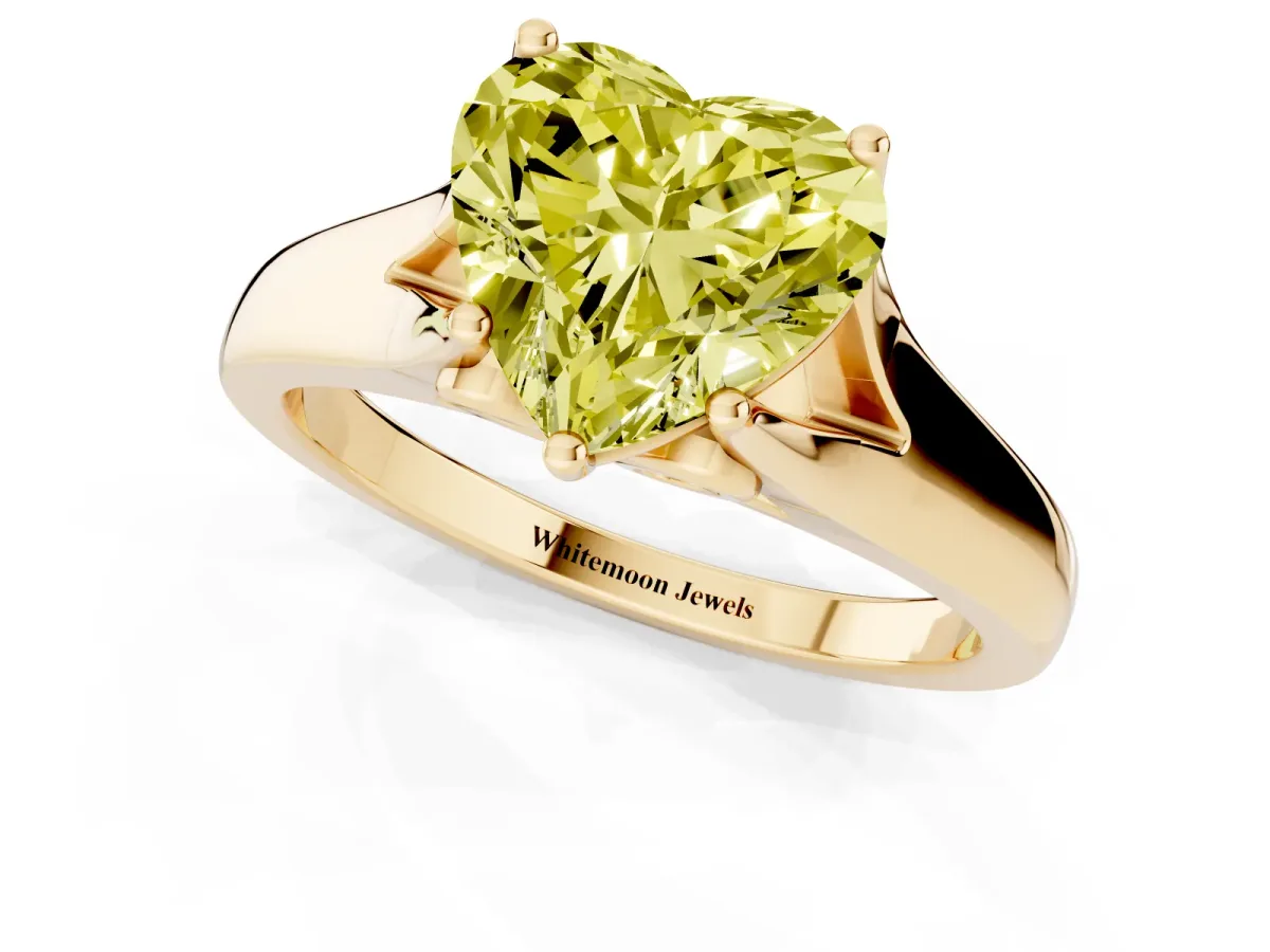 Fancy Yellow Heart Cut Solitaire Diamond Ring with Cathedral Band and Four-Prong Setting Yellow gold