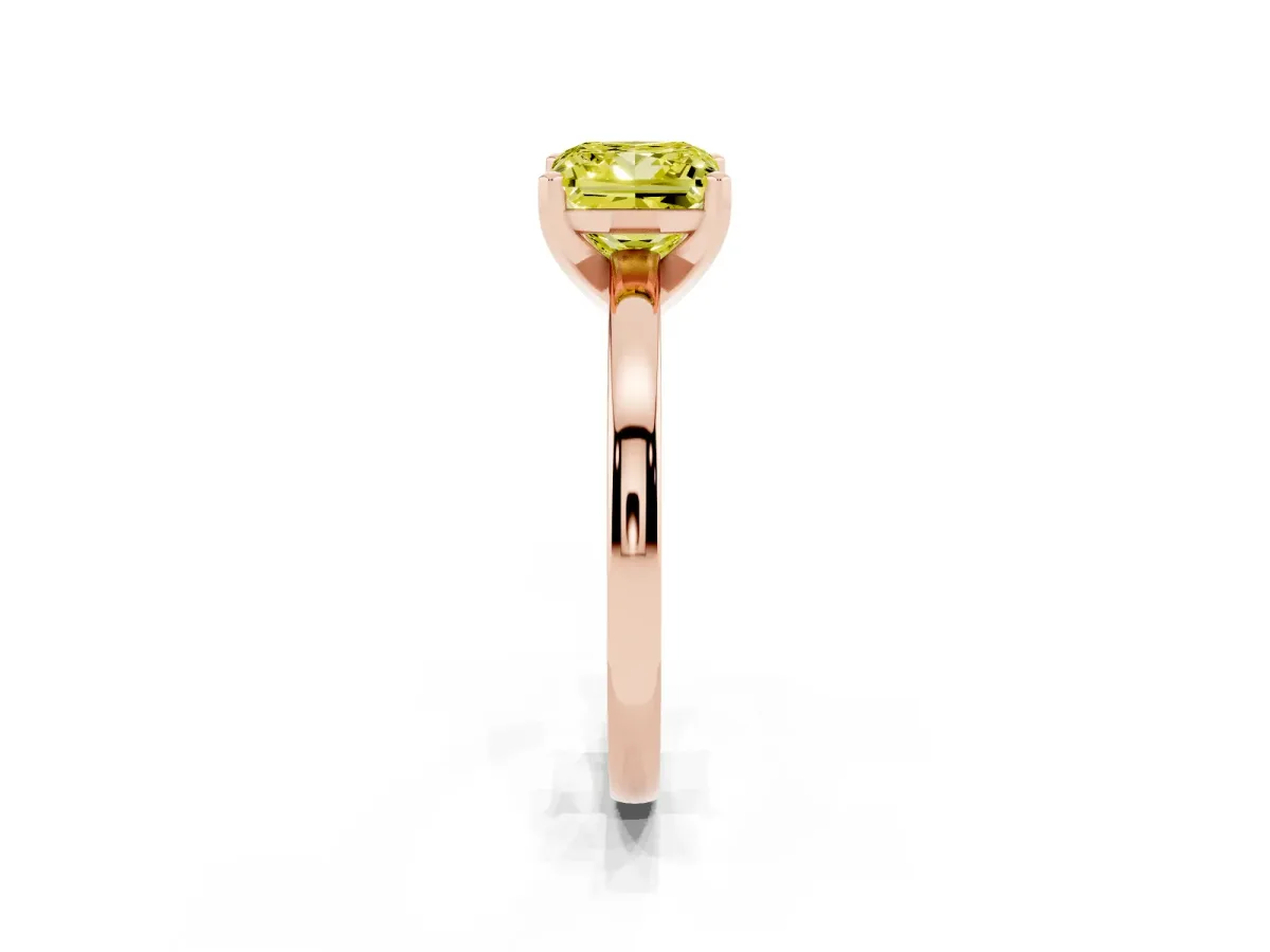 Fancy Yellow Princess Cut Solitaire Diamond Engagement Ring with Four-Prong Setting on a Classic Band Rose gold