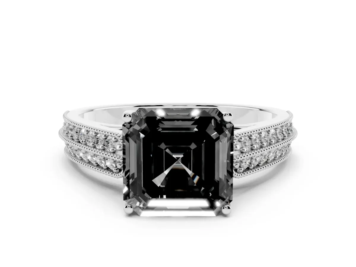 Fancy Black Asscher Cut Cut Pave Split Shank Engagement Ring with Four-Prong Setting White gold