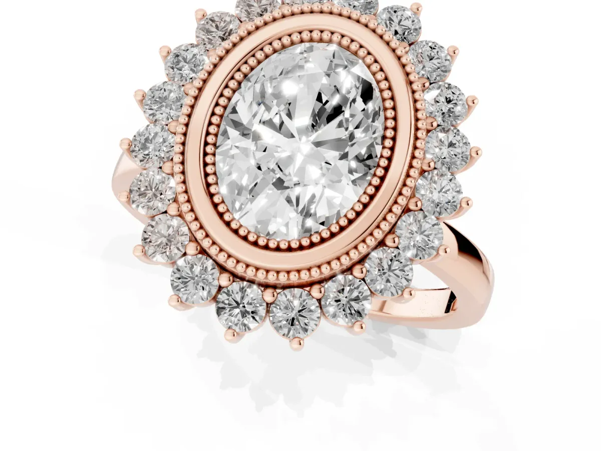 Oval Cut Halo Diamond Ring with Milgrain Edge and Round Prong Setting Rose gold