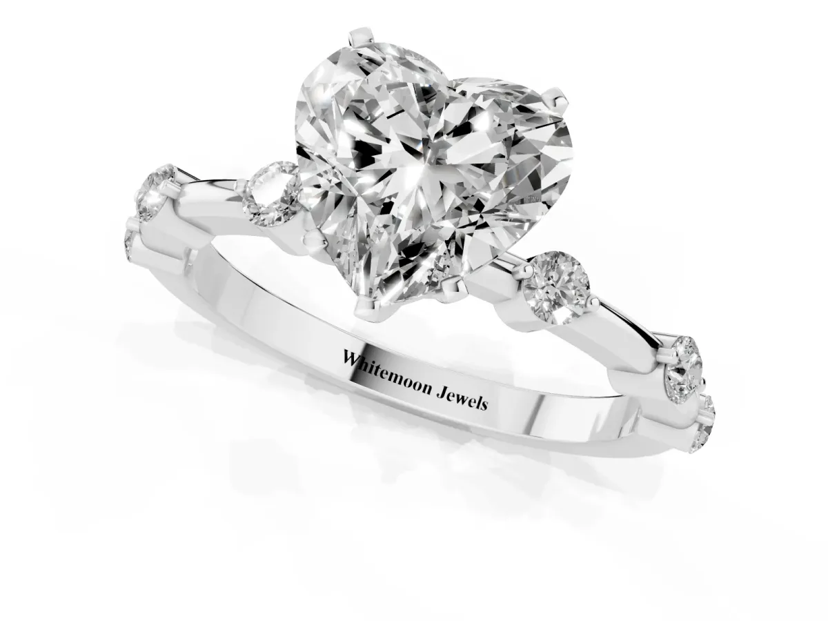 Heart Cut Solitaire Diamond Ring with Bezel Set Side Stones and Prong Setting Silver
