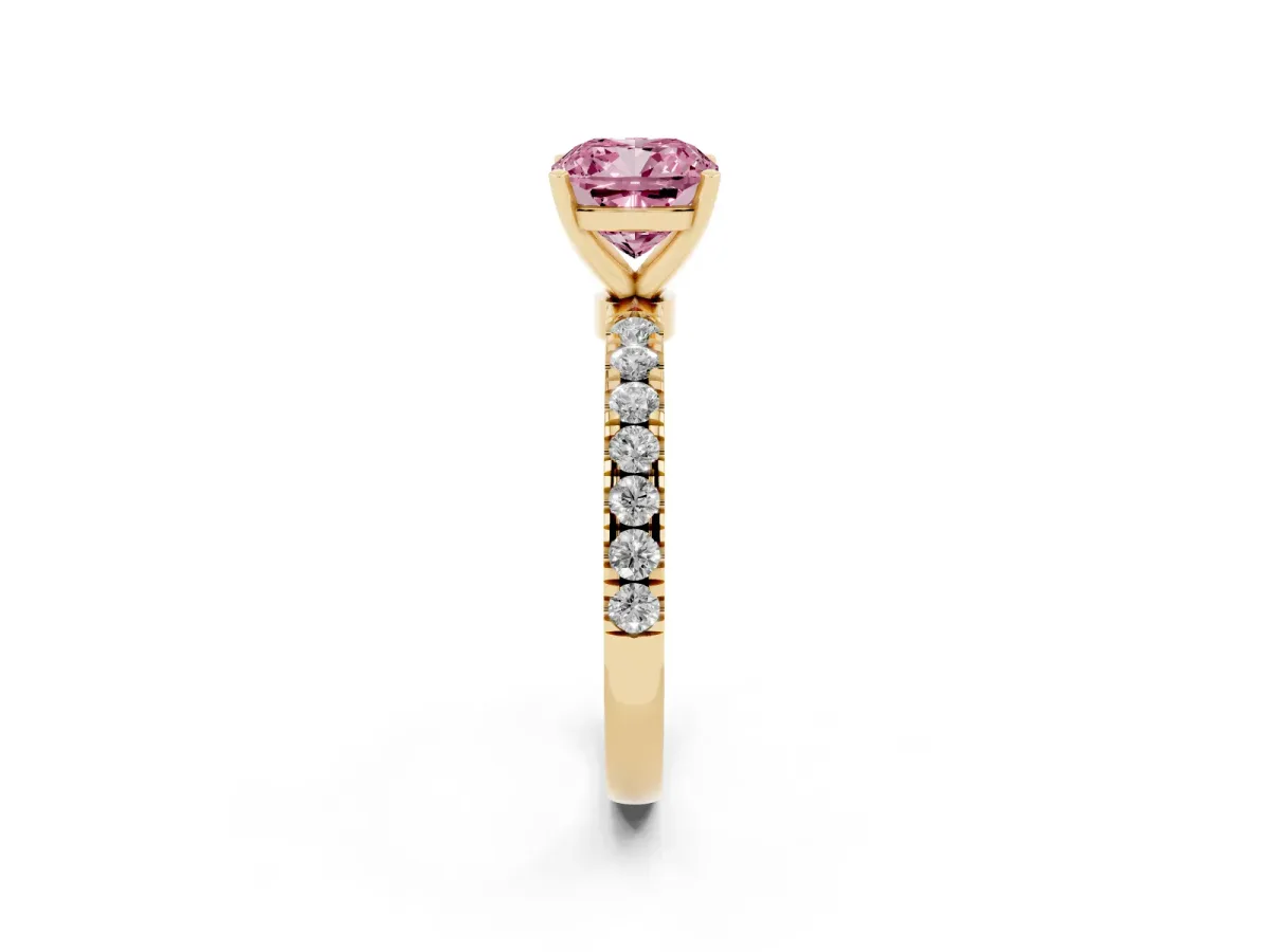 Fancy Pink Cushion Cut Diamond Solitaire Ring with Pavé Accents and Four-Prong Setting Yellow gold