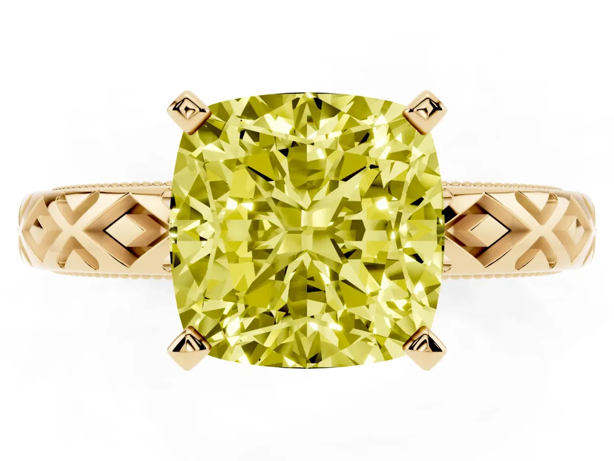 Fancy Yellow Cushion Cut Solitaire Diamond Ring with Milgrain and Black Enamel X Pattern Band Yellow gold