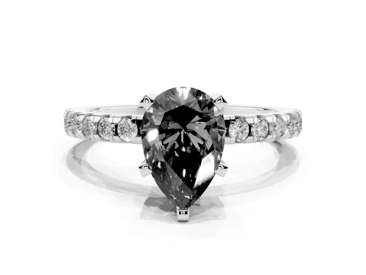 Fancy Black Pear Cut Diamond Solitaire Ring with Round Pavé Band and Four-Prong Setting Silver