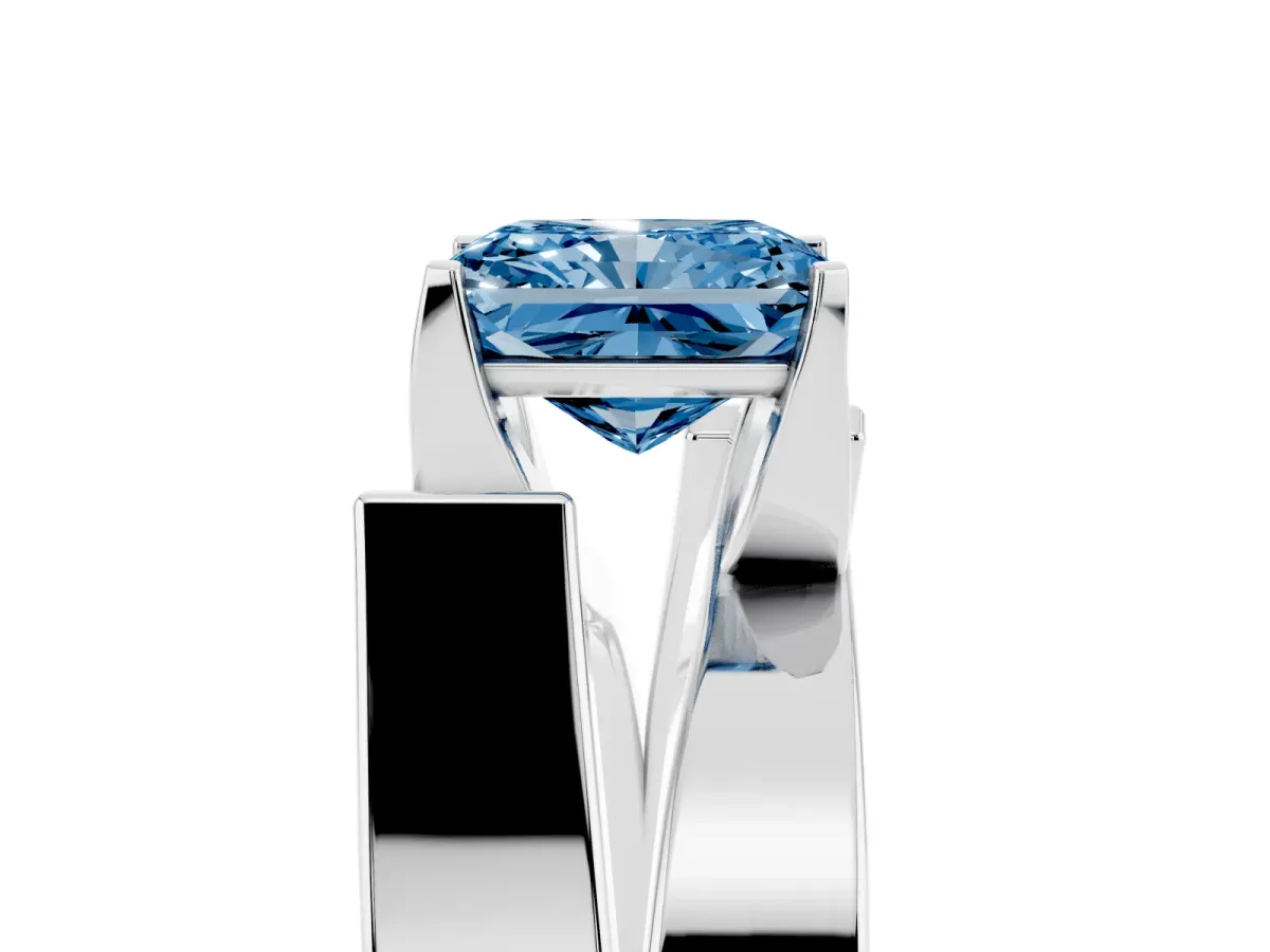 Fancy Blue Modern Tension Set Radiant Cut Diamond Solitaire Wide Band Ring Silver
