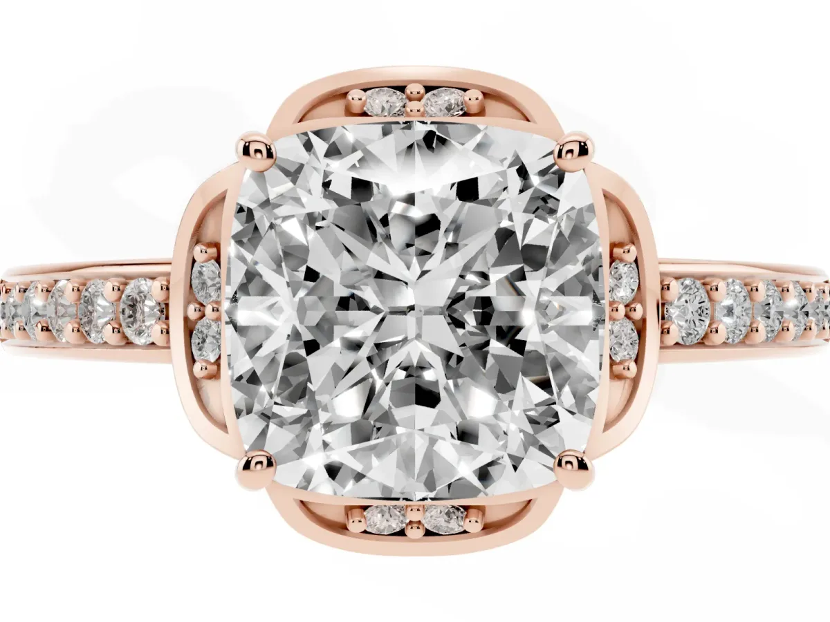 Cushion Cut Cut Halo Diamond Ring with Channel Set Band and Four-Prong Setting Rose gold