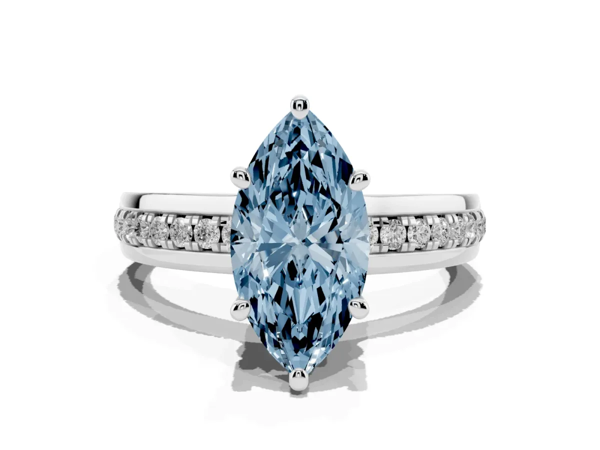 Fancy Blue Marquise Cut Solitaire Diamond Ring with Channel Set Band and Six-Prong Setting White gold