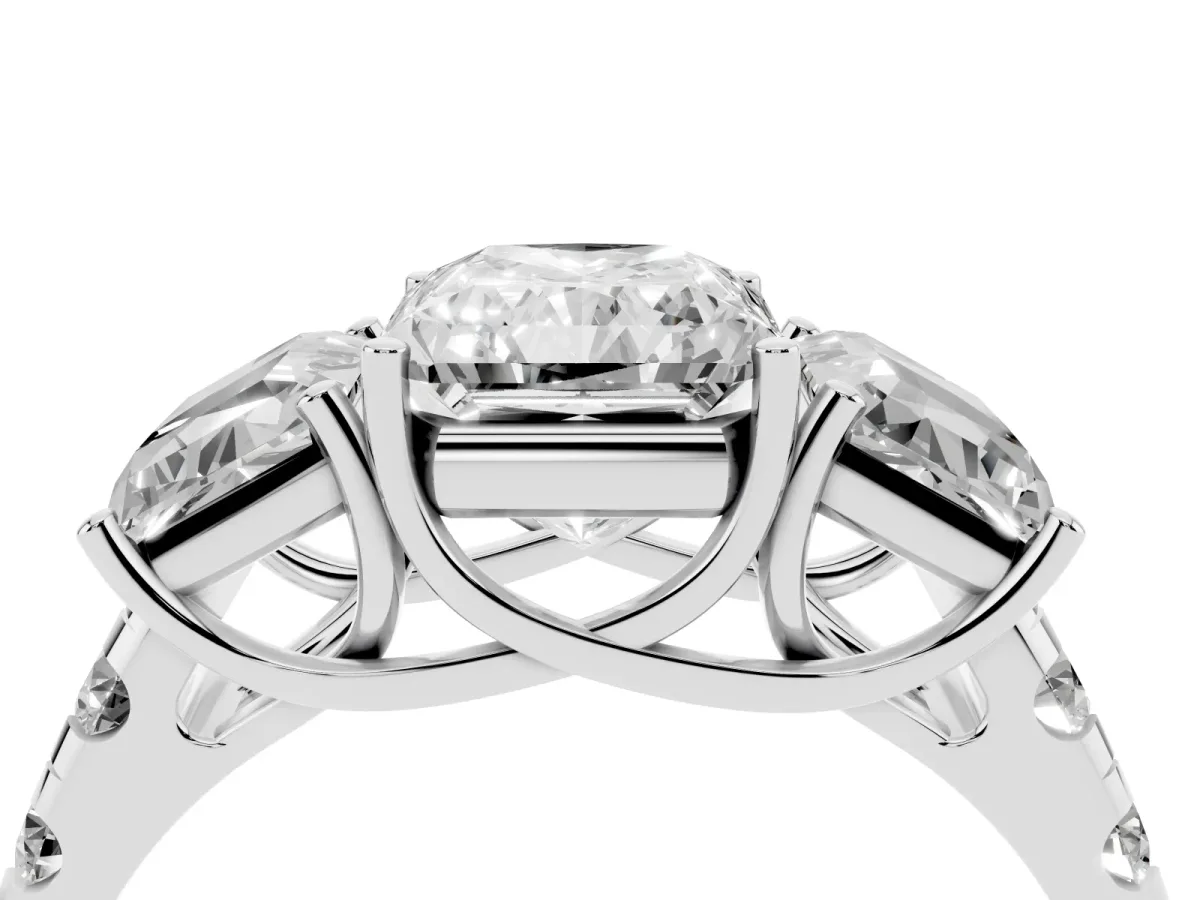 Three-Stone Radiant Cut Diamond Pavé Band with Prong Setting White gold