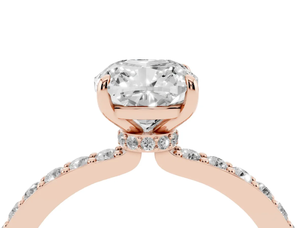 Cushion Cut Diamond Solitaire Engagement Ring with Pavé Band and Four-Prong Setting Rose gold