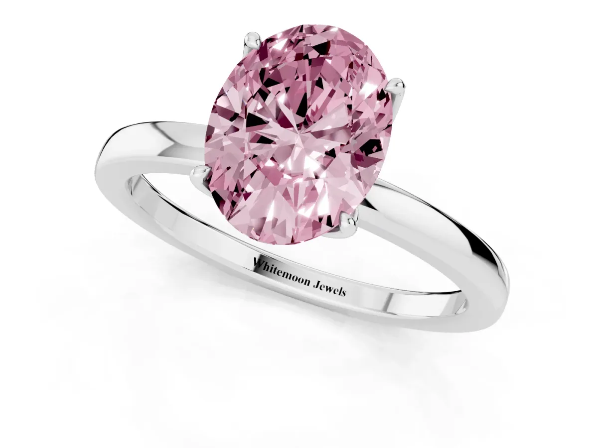 Fancy Pink Oval Cut Diamond Solitaire Ring with Thin Band and Prong Setting Silver