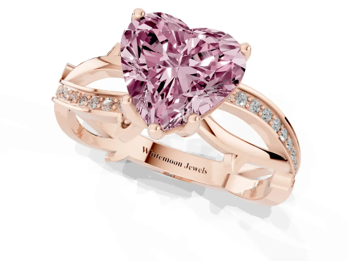 Fancy Pink Heart Cut Solitaire Twist Band with Pavé Accents and Four-Prong Setting Rose gold