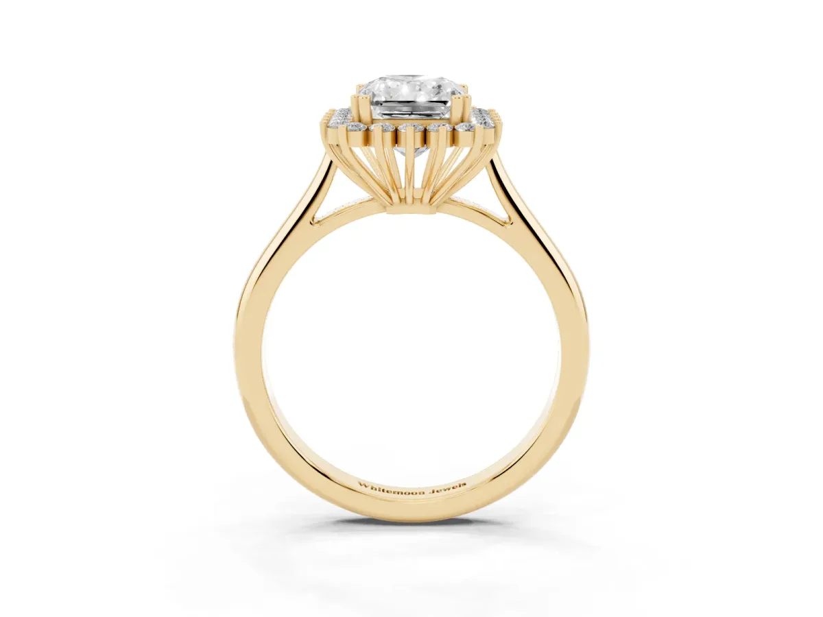 Radiant Cut Cut Diamond Halo Ring with Solitaire Band and Prong Setting Yellow gold