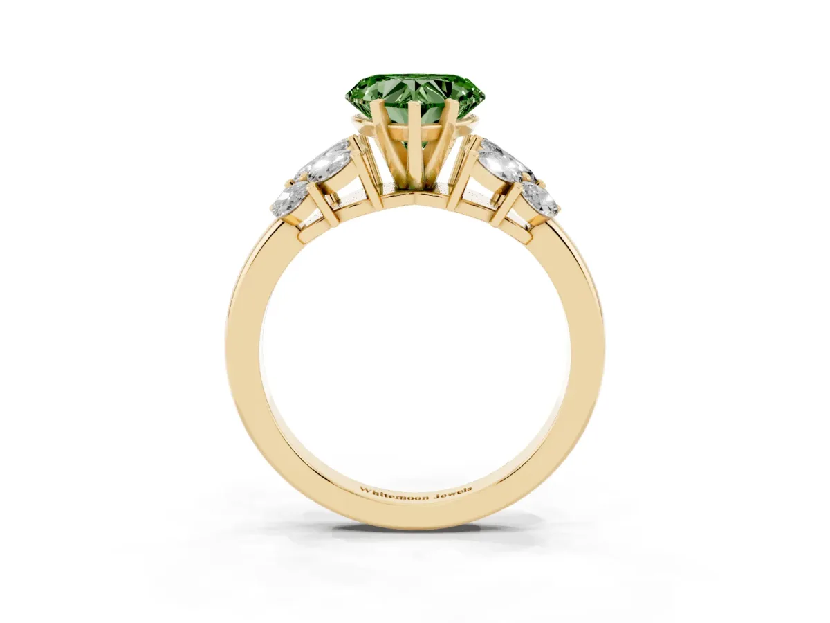 Fancy Green Heart Cut Diamond Cluster Leaf Design Ring with Prong Setting Yellow gold