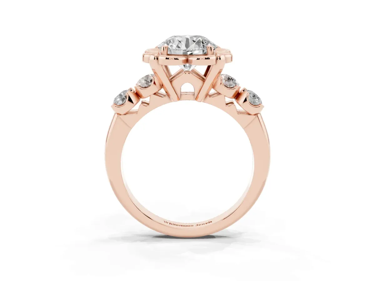 Round Cut Cut Diamond Floral Halo Engagement Ring with Shared Prong Setting Rose gold