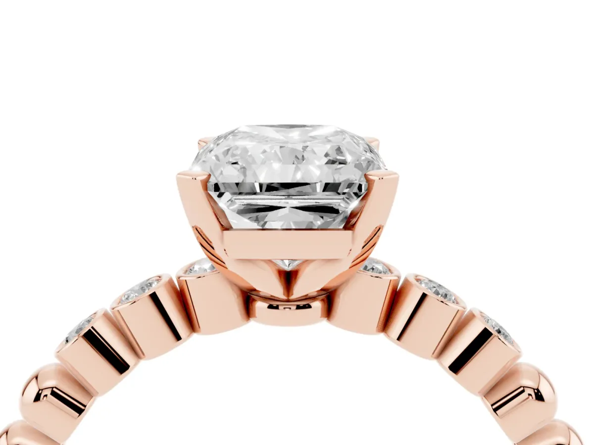 Radiant Cut Solitaire Bezel Accent Diamond Engagement Ring with Beaded Band and Four-Prong Setting Rose gold