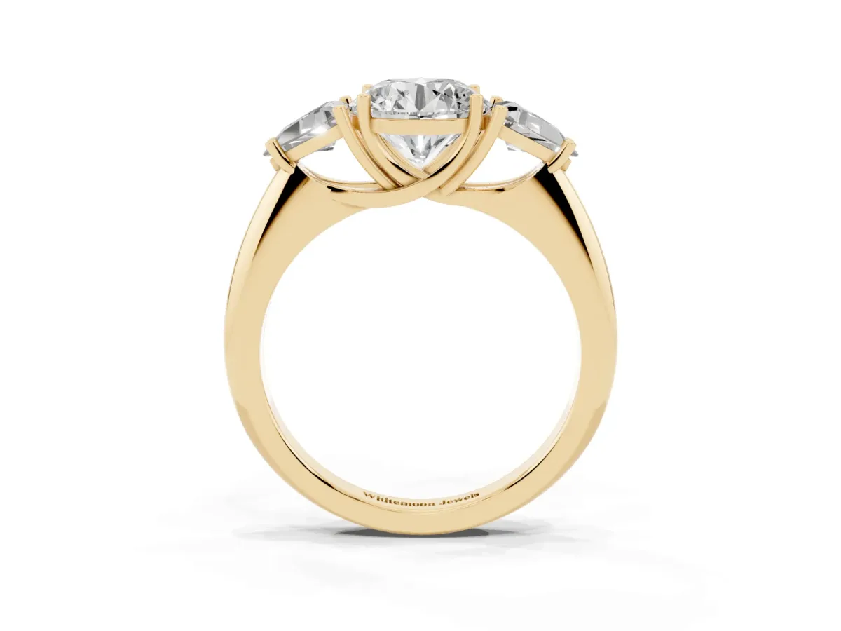 Three-Stone Round Cut Diamond Engagement Ring with Trillion Side Stones and Prong Setting Yellow gold