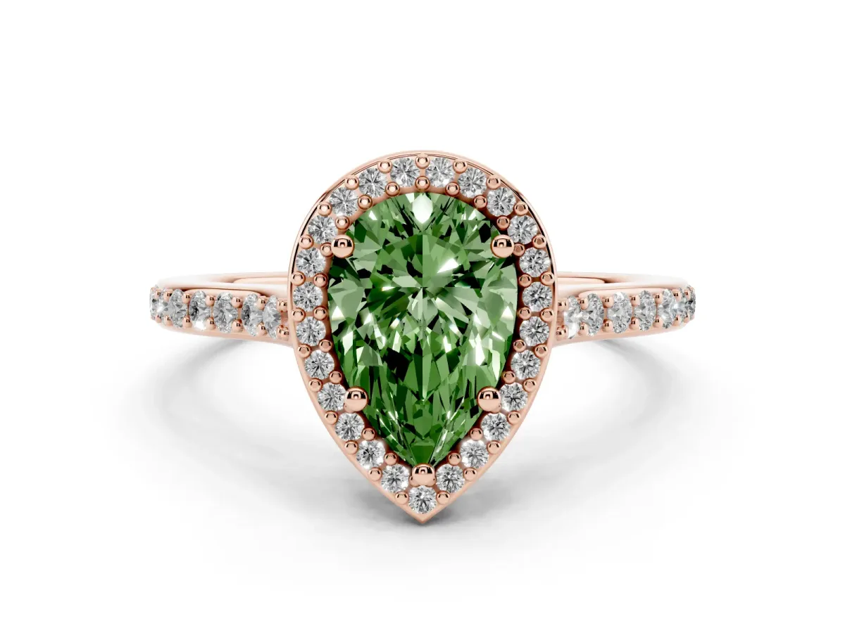 Fancy Green Pear Cut Diamond Halo Engagement Ring with Round Pavé Shoulders and Prong Setting Rose gold