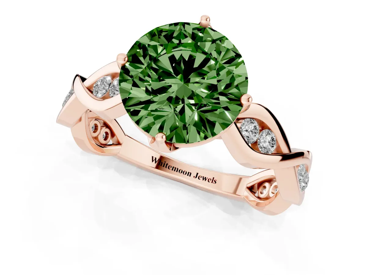 Fancy Green Round Cut Solitaire Twist Band with Leaf Prong Setting Rose gold
