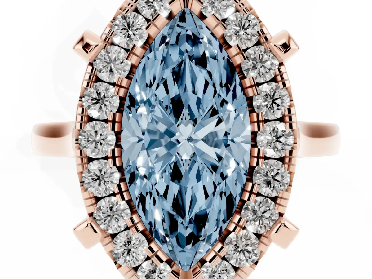 Fancy Blue Marquise Cut Diamond Cluster Halo Solitaire with Four-Prong Setting Rose gold