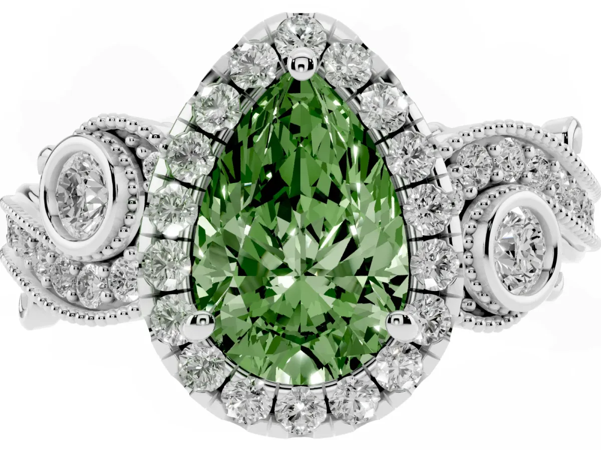 Fancy Green Pear Cut Halo Diamond Ring with Milgrain and Bezel Accents on a Split Shank Band White gold