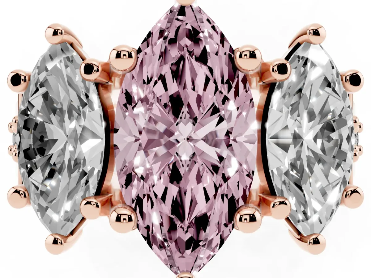 Fancy Pink Marquise Cut Diamond Three-Stone Ring with Channel Set Band and Four-Prong Setting Rose gold