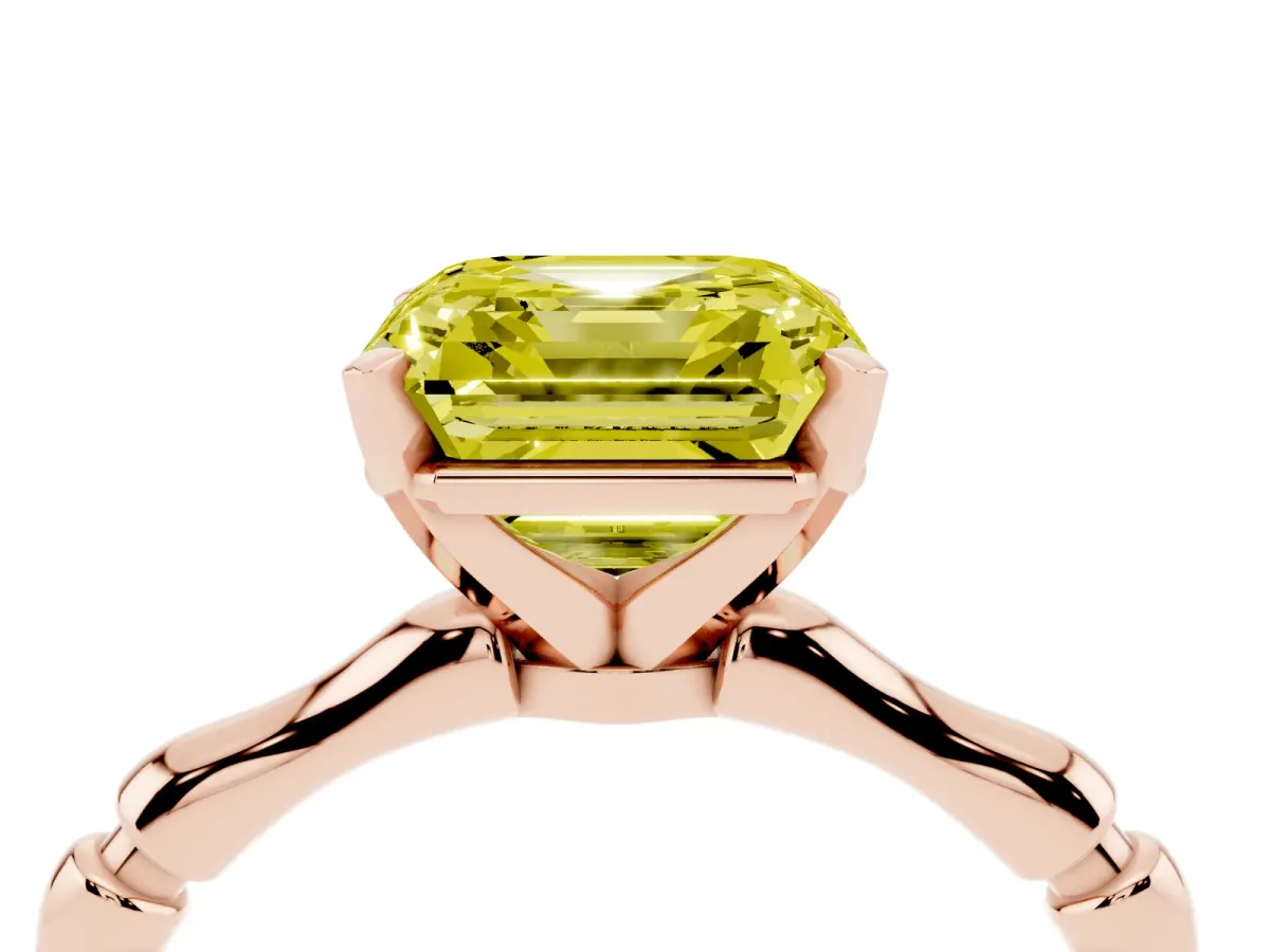 Fancy Yellow Asscher Cut Solitaire Diamond Ring with Bamboo Band and Four-Prong Setting Rose gold