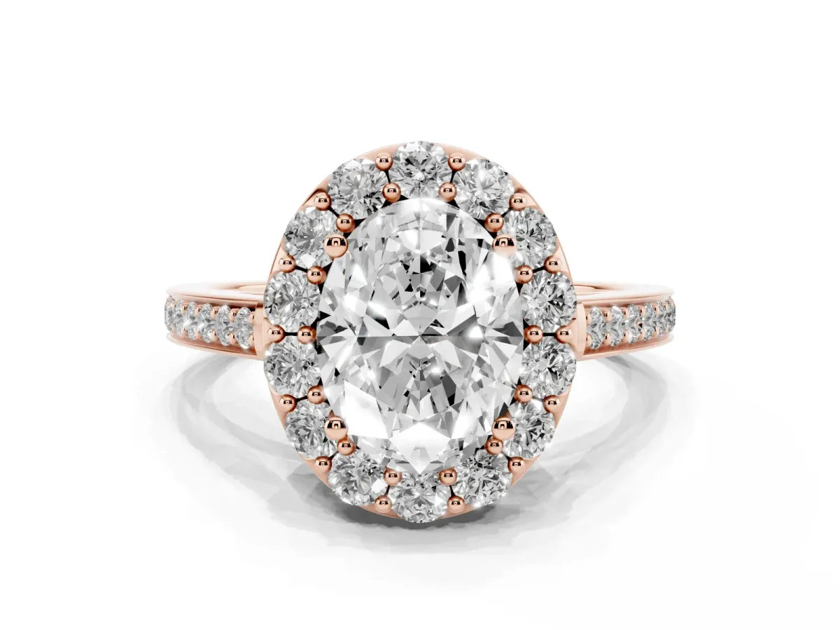 Oval Cut Diamond Floral Halo Ring with Pavé Band and Prong Setting Rose gold