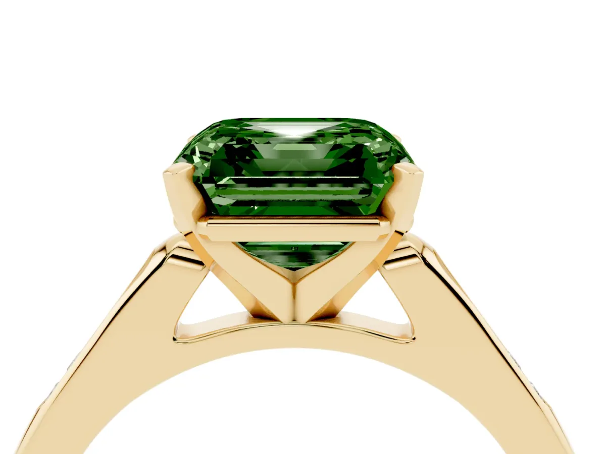 Fancy Green Asscher Cut Diamond Solitaire Ring with Channel Set Round Band and Prong Setting Yellow gold