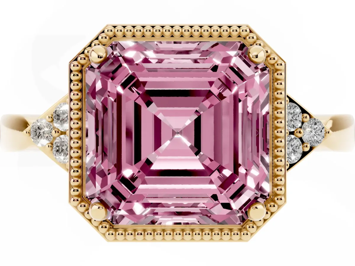 Fancy Pink Hexagonal Halo Asscher Cut Diamond Solitaire with Pavé Band and Four-Prong Setting Yellow gold