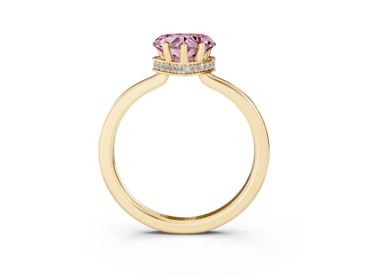Fancy Pink Heart Cut Cut Solitaire Engagement Ring with Four-Prong Setting on a Classic Band Yellow gold