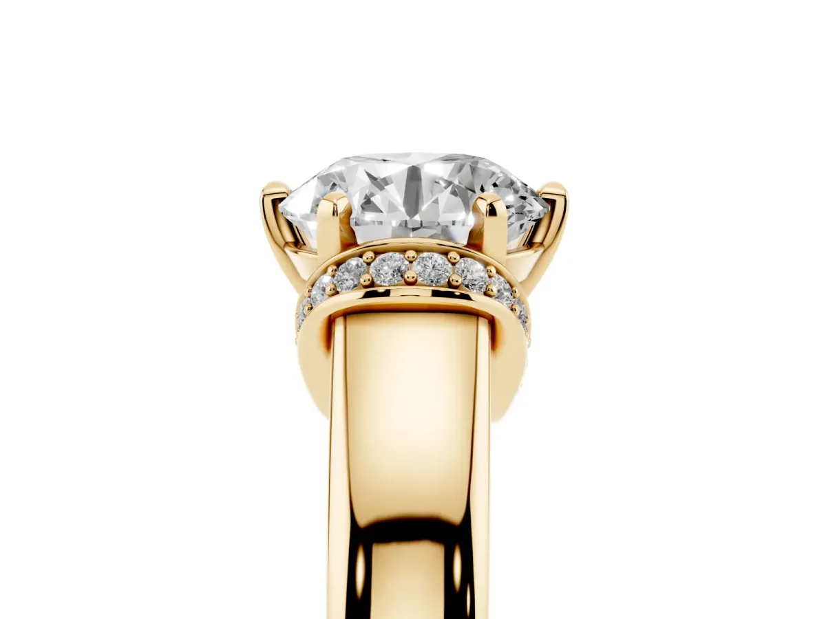Round Cut Solitaire Diamond Ring with Pave Band and Six-Prong Setting Yellow gold