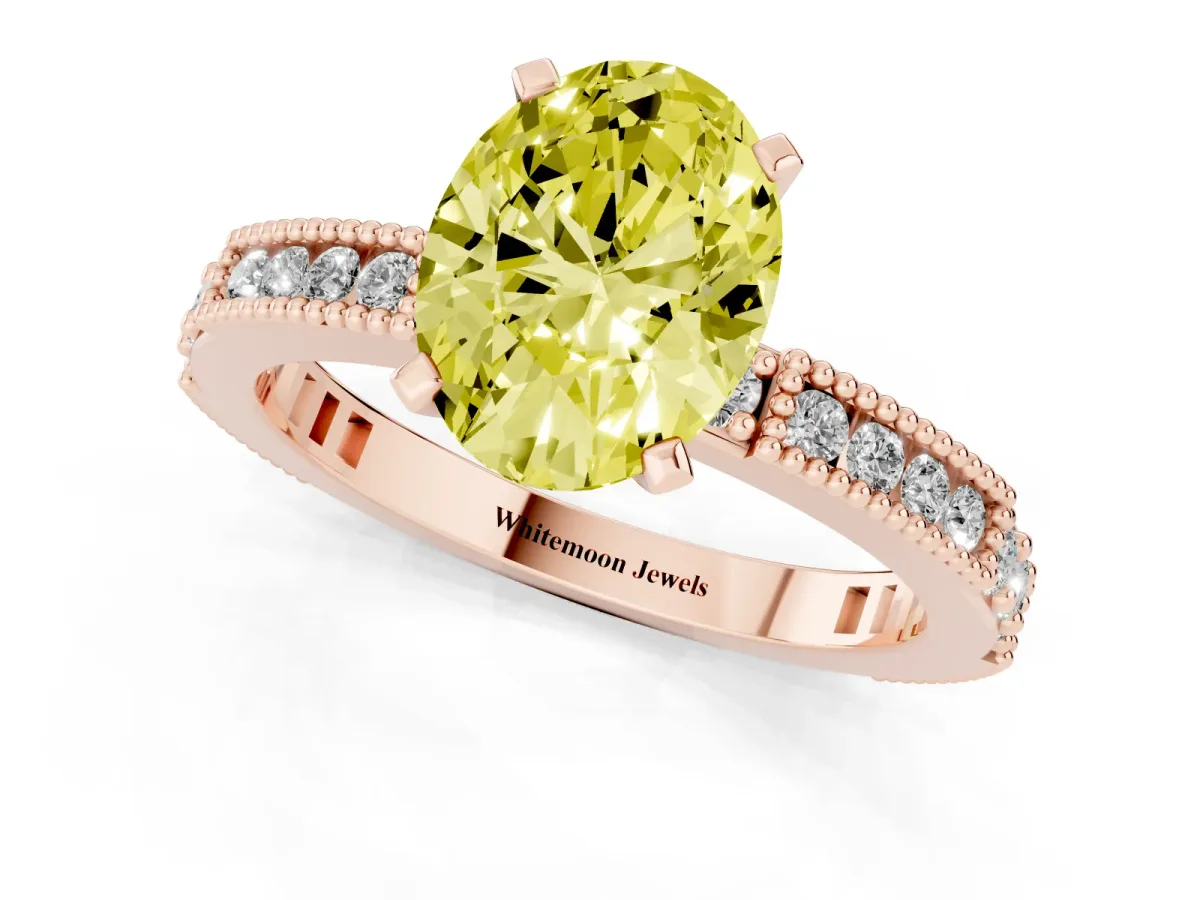 Fancy Yellow Oval Cut Solitaire with Pavé Band and Four-Prong Setting Rose gold