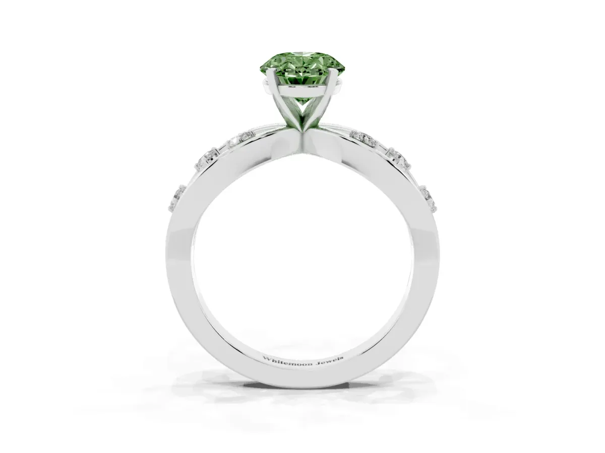 Fancy Green Oval Cut Cut Solitaire Diamond with Side Stones on Criss-Cross Band and Four-Prong Setting Silver