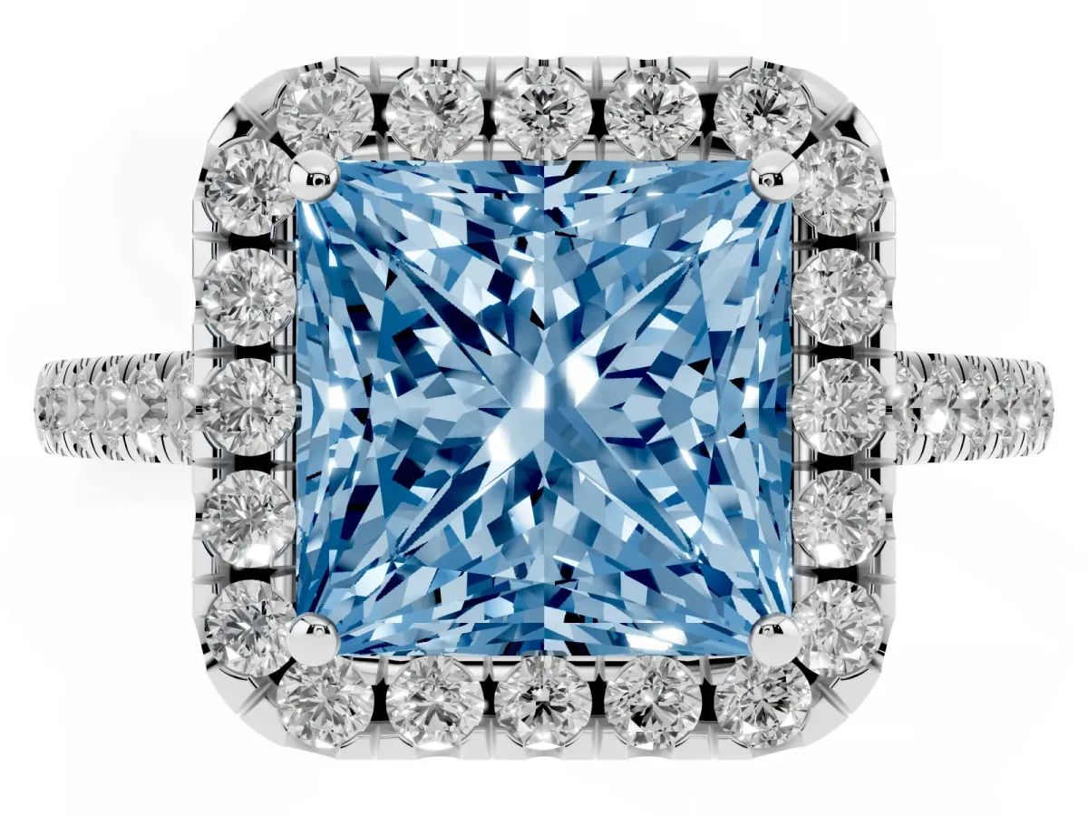 Fancy Blue Princess Cut Halo Pave Diamond Engagement Ring with Four-Prong Setting Platinum
