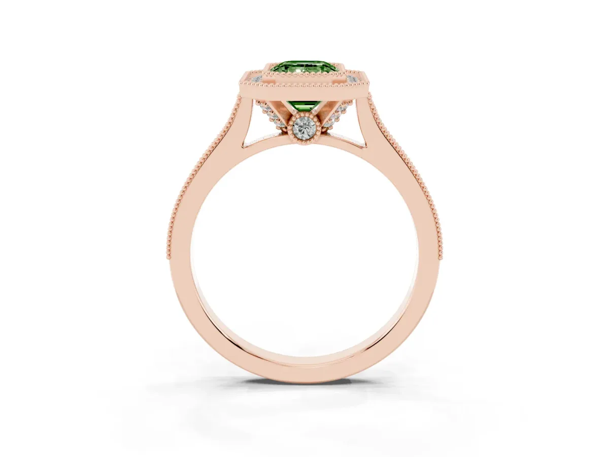 Fancy Green Halo Emerald Cut-Cut Diamond Pave Band Milgrain Prong Setting Ring Rose gold