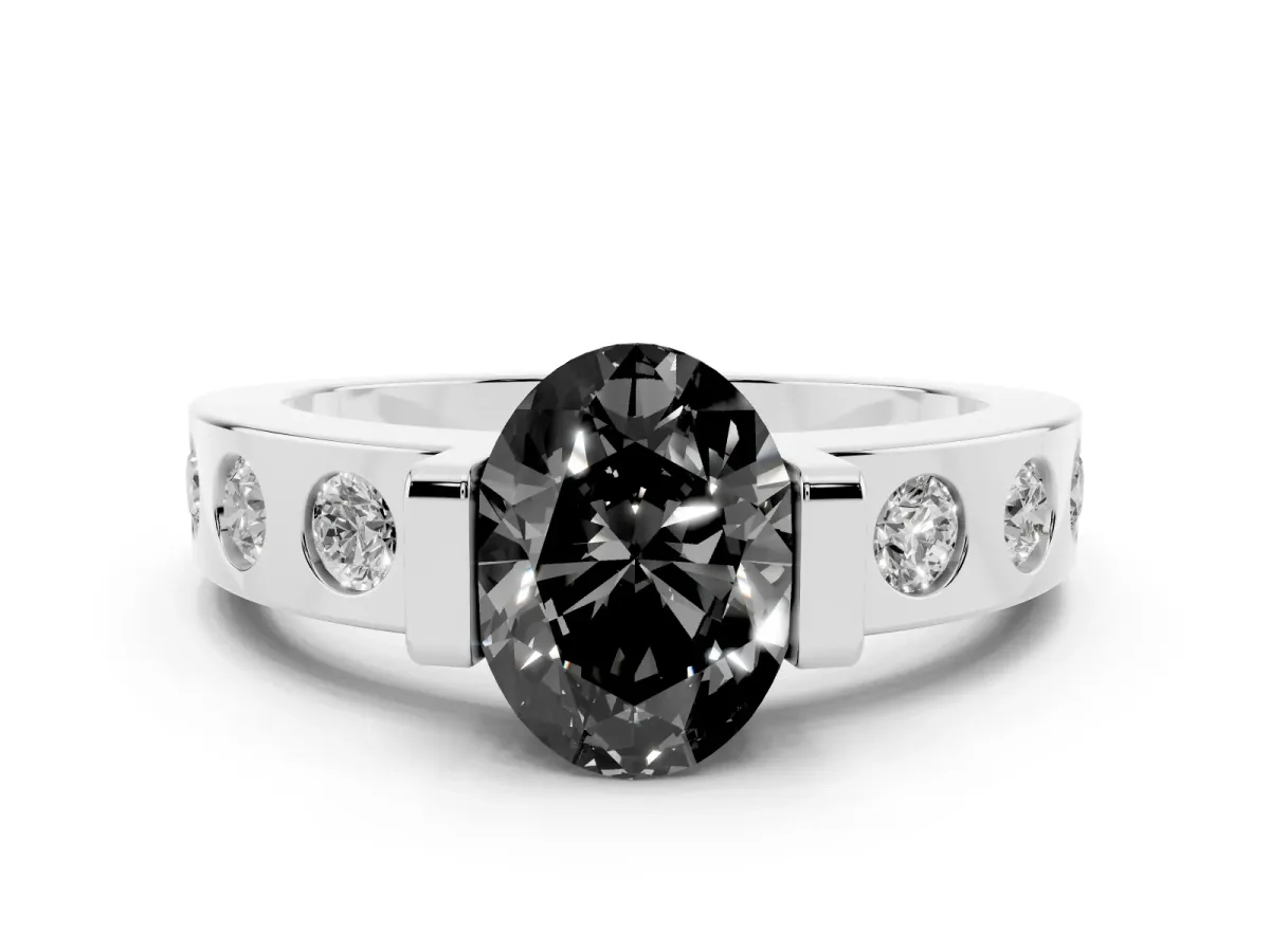 Fancy Black Oval Cut Brilliant Channel-Set Diamond Ring with Bezel Prong Setting Platinum