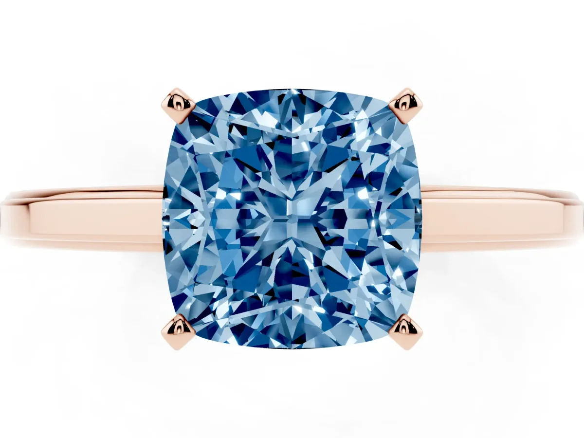 Fancy Blue Cushion Cut Solitaire Diamond Ring with Four-Prong Setting and Classic Band Rose gold