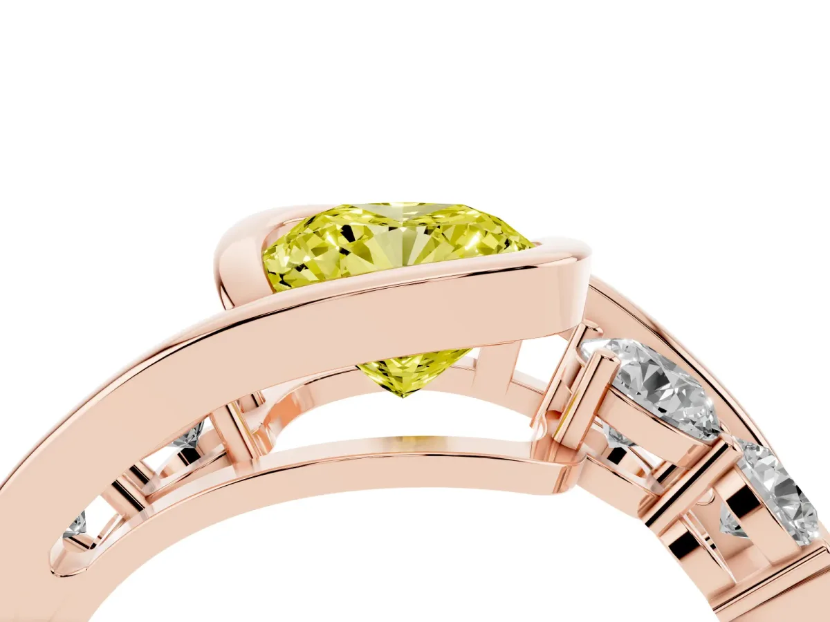 Fancy Yellow Bezel Set Cushion Cut Diamond Bypass Ring with Round Accents Rose gold