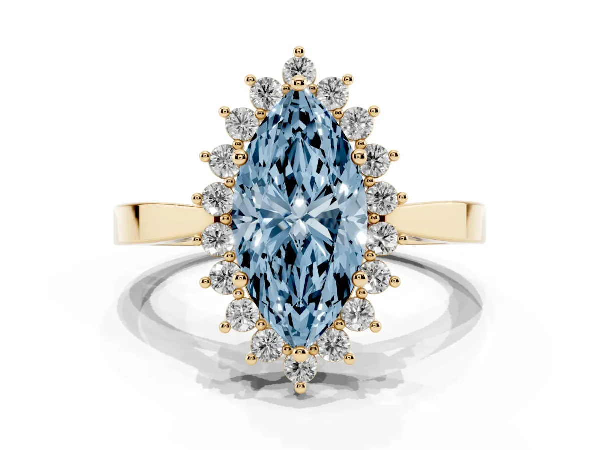 Fancy Blue Marquise Cut Cut Diamond Halo Ring with Round Brilliant Halo and Solitaire Band Yellow gold