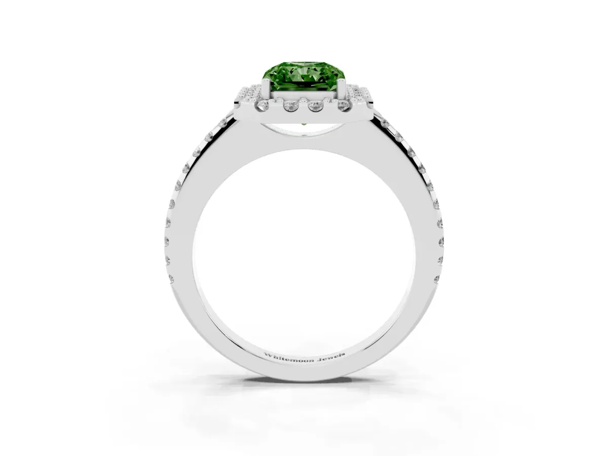 Fancy Green Radiant Cut Diamond Pavé Halo Ring with Four-Prong Setting Silver