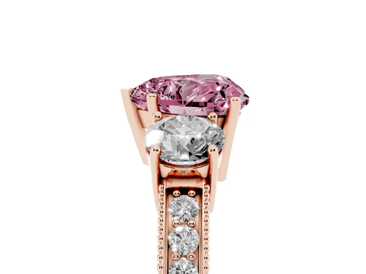 Fancy Pink Heart Cut Three-Stone Diamond Ring with Pavé Band and Four-Prong Setting Rose gold