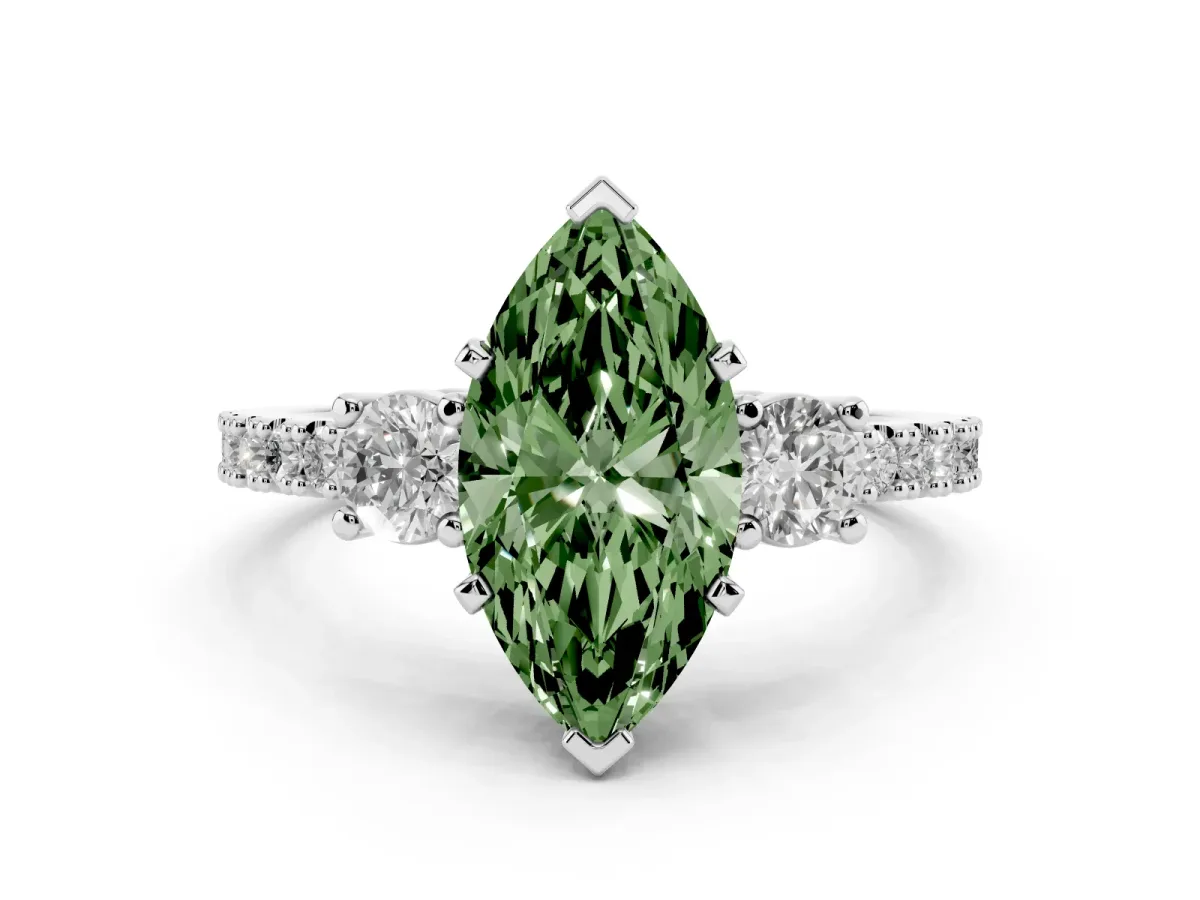 Fancy Green Marquise Cut Three-Stone Diamond Pavé Band with Prong Setting White gold
