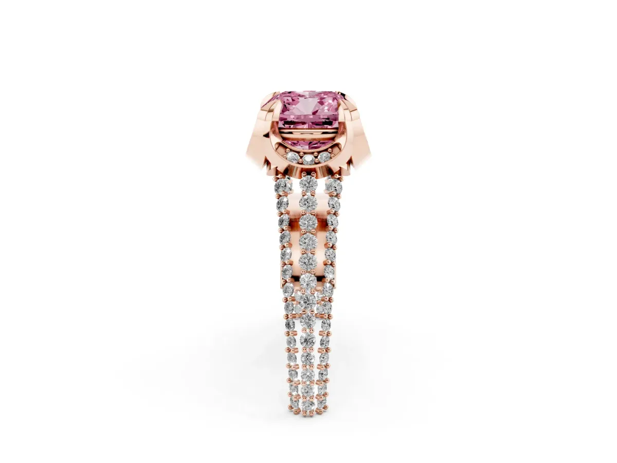 Fancy Pink Cushion Cut Solitaire Pave Split Shank Ring with Four-Prong Setting Rose gold